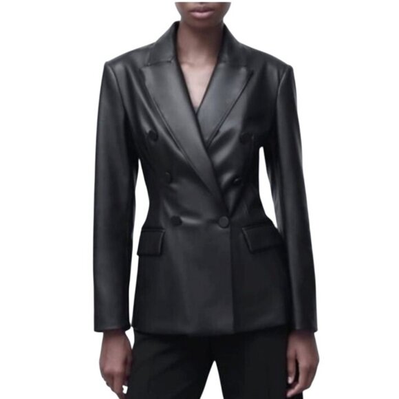 Zara Black Double Breasted Vegan Leather Fitted Blazer Jacket Sharp Lapels S - Picture 1 of 13